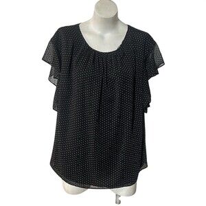 Vince Camuto Blouse Womens 2XL Plus Black Polka Dot Sheer Flutter Sleeve